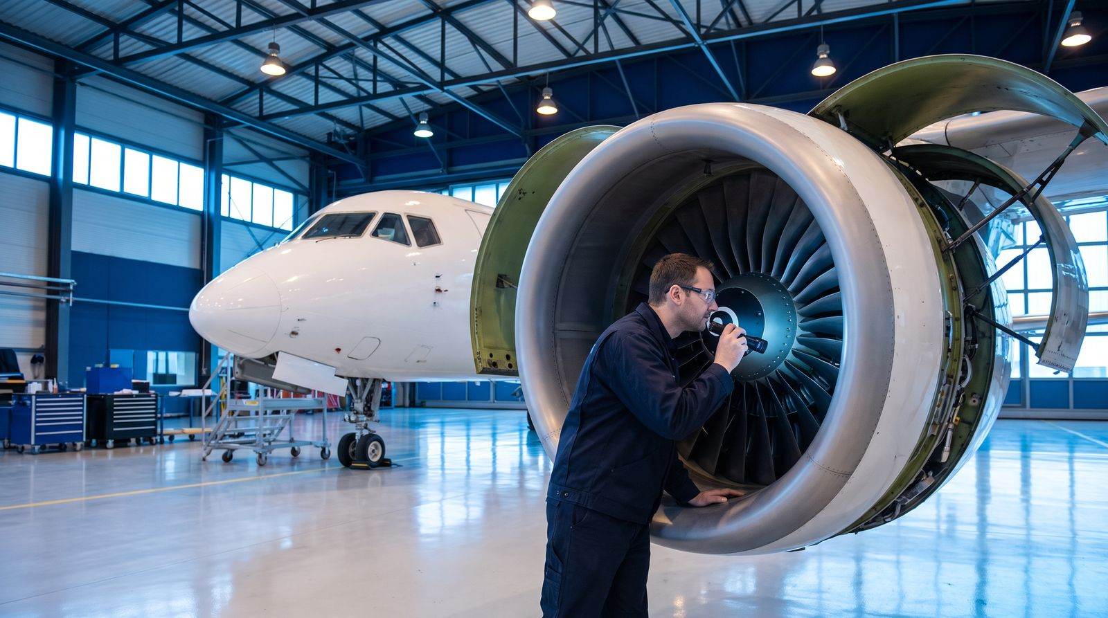 Engineer inspecting a jet engine in a hangar