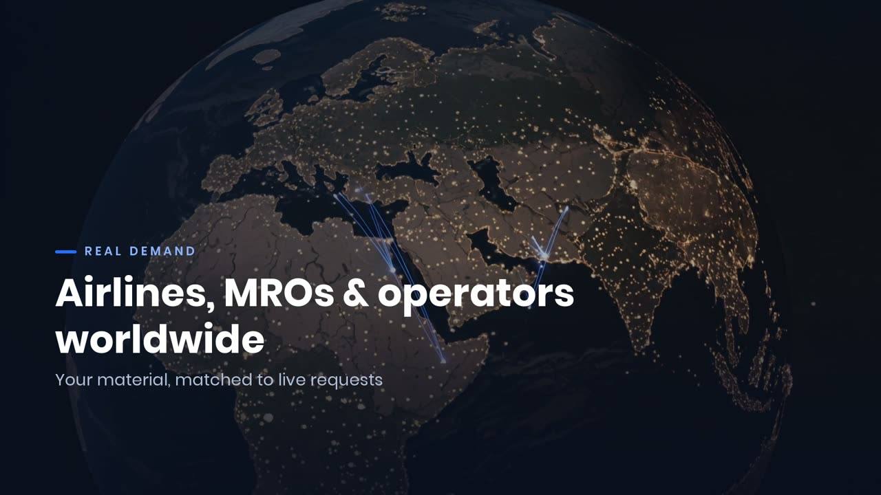 Still from the HAMDI AI film: a night side globe with flight routes, captioned Airlines, MROs and operators worldwide.